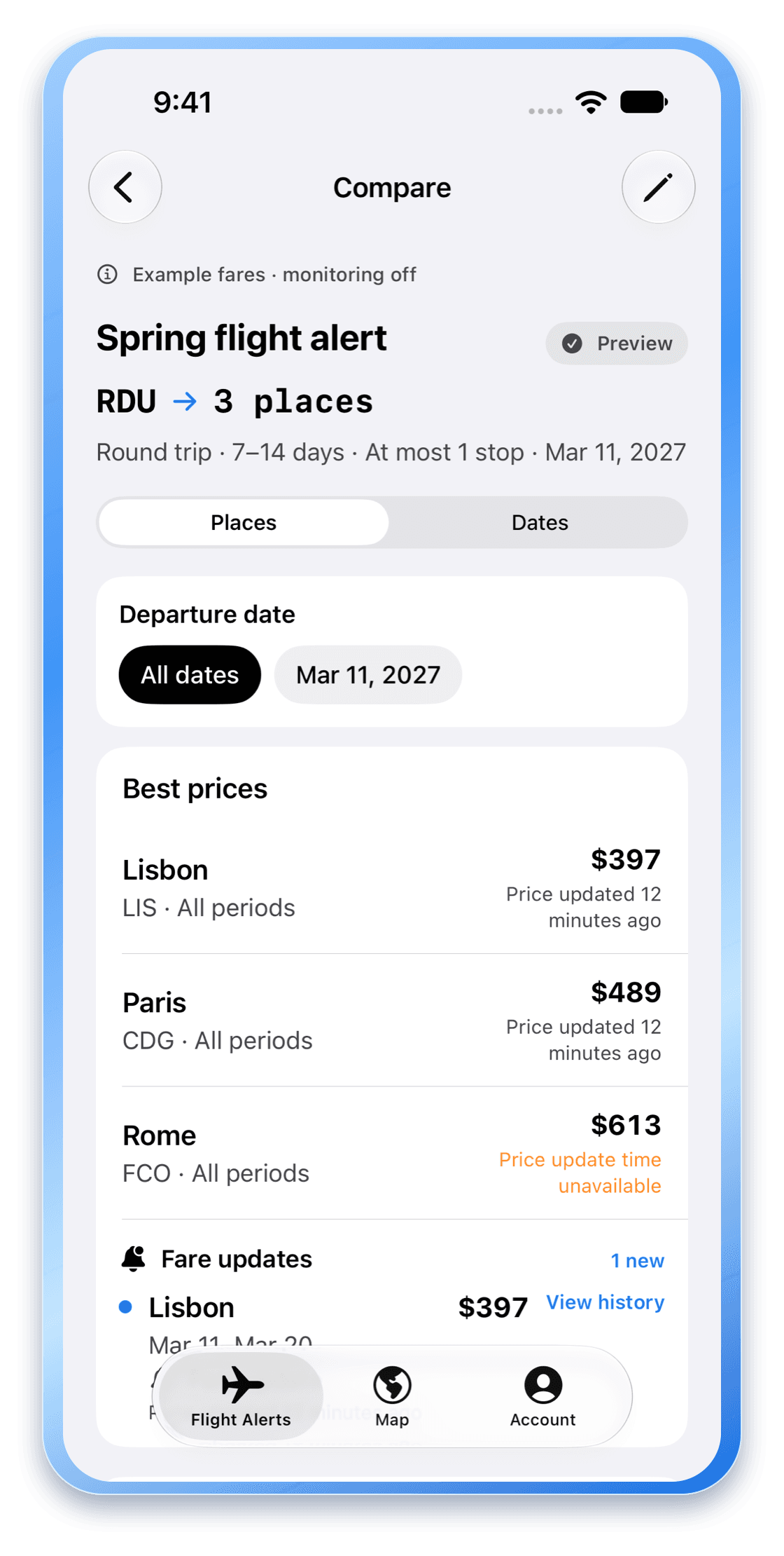 FlightCal comparison screen showing flight options